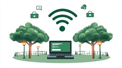 Poster - laptop in park with wifi connection, green trees and lamp posts. pixel art style illustration.