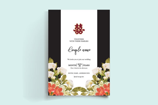 WEDDING INVITATION FRAME WITH FLOWER DECORATIONS AND FRESH LEAVES