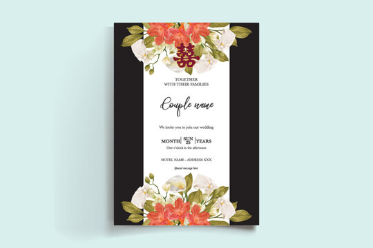 WEDDING INVITATION FRAME WITH FLOWER DECORATIONS AND FRESH LEAVES