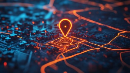 Wall Mural - glowing location pin on a futuristic city map.