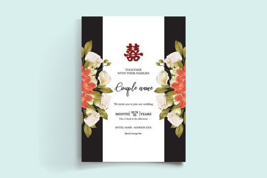 WEDDING INVITATION FRAME WITH FLOWER DECORATIONS AND FRESH LEAVES