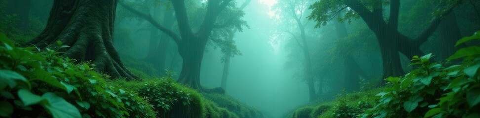  Rain-drenched emerald forest, shrouded in fog, high resolution, light, depth