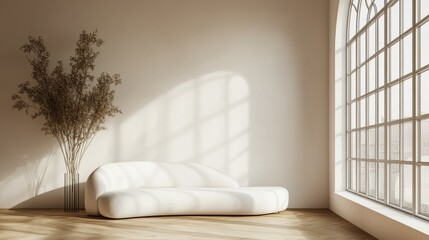 Poster - Elegant minimalist room with a white curved sofa, tall arched window, and light wood flooring for a serene, modern feel