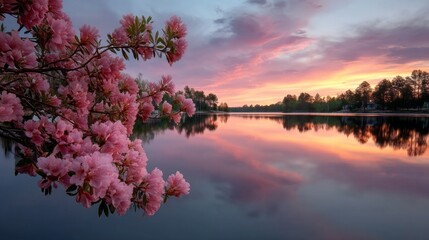 Aufkleber - Soft petals of blooming trees cascade above a peaceful lake, mirroring the vibrant colors of sunset. Nature's beauty unfolds as day transitions to night, creating a soothing atmosphere