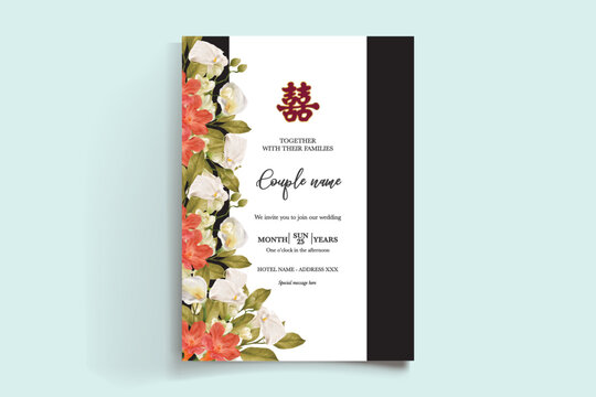 WEDDING INVITATION FRAME WITH FLOWER DECORATIONS AND FRESH LEAVES