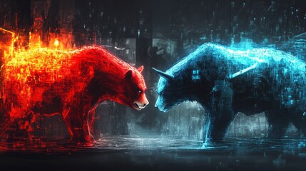 Poster - Fiery red bull and icy blue bear facing off, symbolizing market forces.