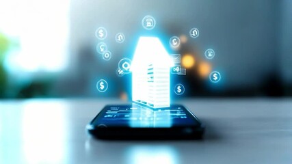 Poster - Conceptual visualization of a smartphone displaying holographic home features with digital icons