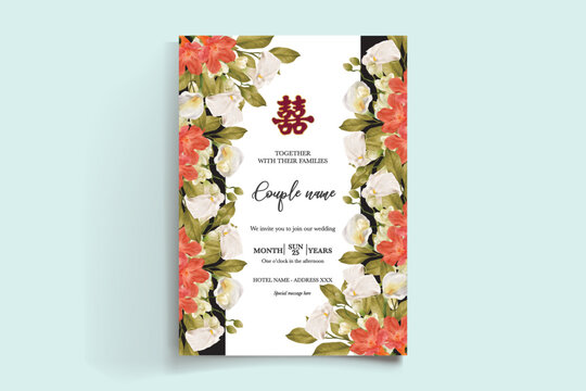 WEDDING INVITATION FRAME WITH FLOWER DECORATIONS AND FRESH LEAVES