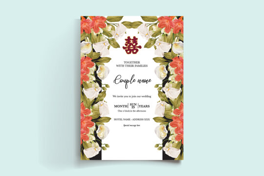 WEDDING INVITATION FRAME WITH FLOWER DECORATIONS AND FRESH LEAVES