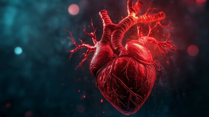 Poster - Detailed 3D render of a human heart, pulsating with vibrant red color against a dark blue background.