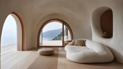 Leinwandbilder - Modern minimalist space featuring a soft curved sofa, arched window, and neutral-toned interior with sleek clean finishes