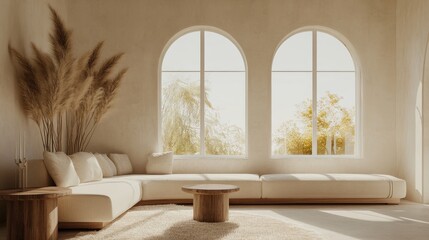 Fototapete - Modern space with soft beige tones, arched windows, a curved sofa, and pampas grass styled with warm wood furniture