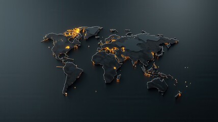 Poster - Orange glowing world map highlighting global trade, international relations, and worldwide connectivity on a dark textured background