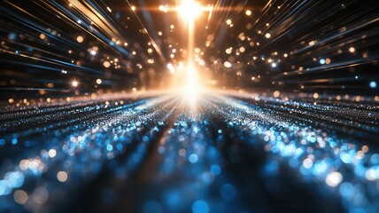 Aufkleber - Luminous blue and golden particles flowing dynamically, converging toward radiant central light on deep background, generating ethereal visual motion