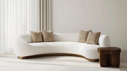 Fototapete - Sleek luxury space with a white curved sofa, contemporary decor, and refined textures for a balanced modern interior