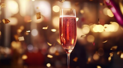 Fototapete - A champagne glass is raised in a toast, surrounded by golden and silver confetti, with dynamic festive lights enhancing the celebratory mood