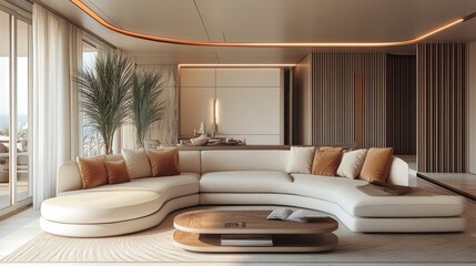 Poster - Sophisticated modern space with a curved cream sofa, reclining sections extended, plush cushions in soft hues, and a wooden platform base