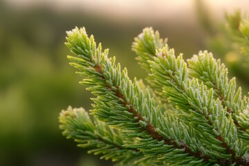 Poster - A spruce branch covered in light snow glistens in the morning light, with a blurred background highlighting its intricate details and textures