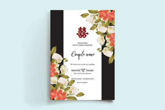WEDDING INVITATION FRAME WITH FLOWER DECORATIONS AND FRESH LEAVES