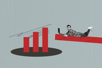 Poster - Poster template collage of person use gadget platform near graphs on grey background