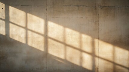 Poster - Subtle shadows cast by window frames play across a smooth beige wall, enhancing the minimalist aesthetic with artistic abstract patterns ideal for design projects