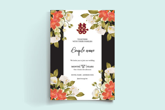 WEDDING INVITATION FRAME WITH FLOWER DECORATIONS AND FRESH LEAVES