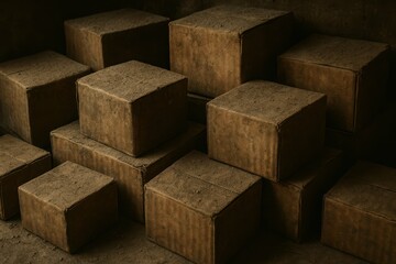 Poster - Dusty Boxes in Pile, Rustic Texture, Warm Lighting, Minimalist Style