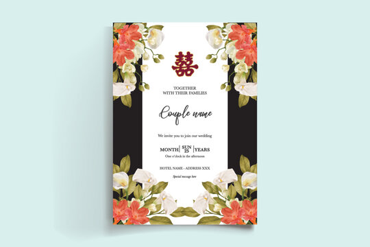 WEDDING INVITATION FRAME WITH FLOWER DECORATIONS AND FRESH LEAVES