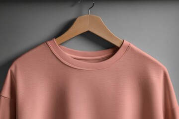 Leinwandbilder - An oversized peach-colored t-shirt hangs on a wooden hanger, capturing a minimalist style against a smooth gray wall, ideal for apparel presentation