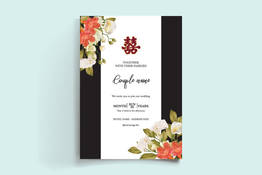 WEDDING INVITATION FRAME WITH FLOWER DECORATIONS AND FRESH LEAVES