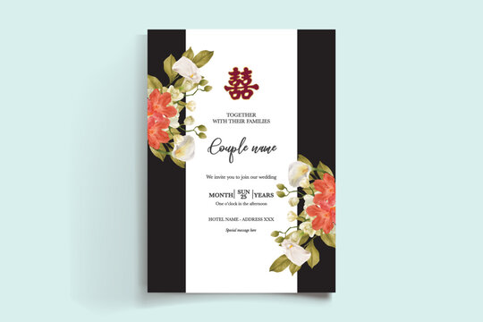 WEDDING INVITATION FRAME WITH FLOWER DECORATIONS AND FRESH LEAVES