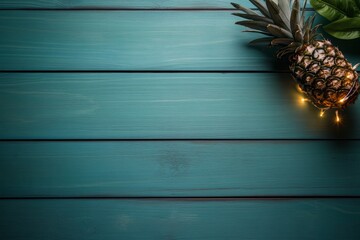 Poster - A single pineapple adorned with string lights sits against a lively teal-painted wood surface, providing a tropical and refreshing decor element