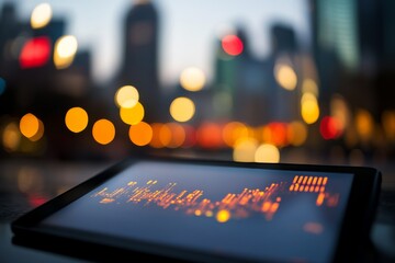 Poster - Close-up view of a futuristic city reflecting in a glass tablet screen. Digital interface elements overlay the urban landscape, showcasing innovation and technology