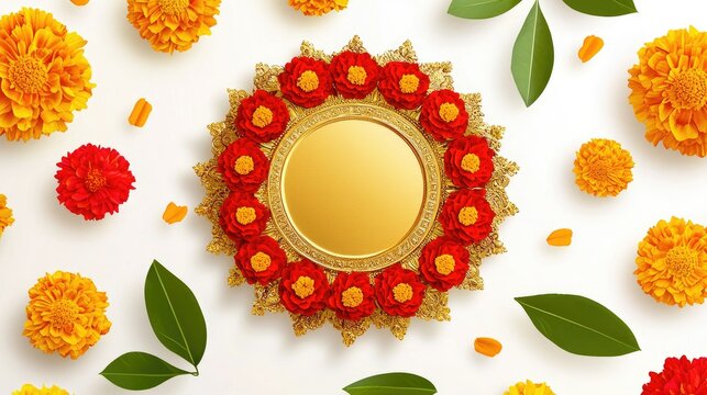 A festive Gudi Padwa card with a golden frame surrounded by bright marigolds and green leaves.