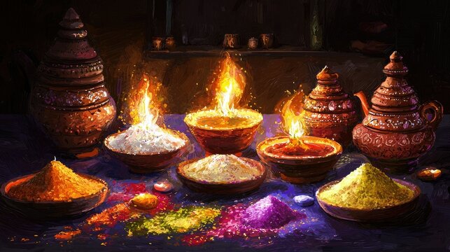 A festive Holika Dahan banner featuring vibrant flames and colorful powders.