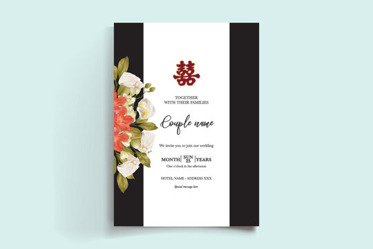 WEDDING INVITATION FRAME WITH FLOWER DECORATIONS AND FRESH LEAVES