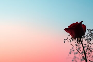 Leinwandbilder - A detailed view captures a vibrant red rose elegantly adorned with babys breath, set against a soft pastel gradient providing an ideal backdrop for design