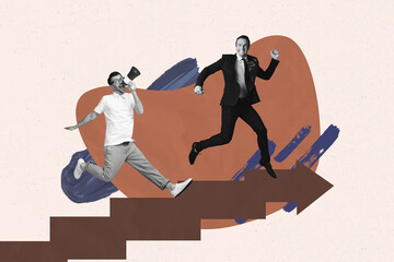 Aufkleber - Exclusive artwork banner creative collage of two happy girl guy run together arrow development career promotion success chance