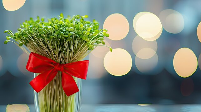 A fresh and vibrant Nowruz background featuring green wheat sprouts tied with a red bow.