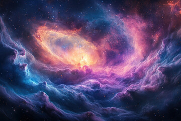 Aufkleber - A vibrant nebula swirls in space, showcasing cosmic clouds of purple, pink, and blue, speckled with stars.