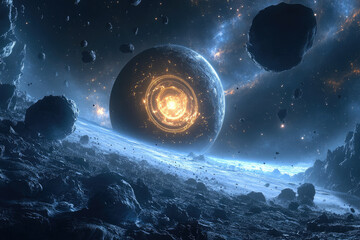 Poster - A celestial body with a glowing core is surrounded by asteroids and cosmic dust in a deep space nebula.