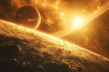 Poster - A golden planet with a ringed sun and another planet in the background, cosmic scene.