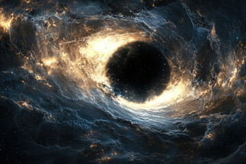Poster - A mesmerizing cosmic swirl encircling a black hole, illuminated by fiery nebulae and distant stars.