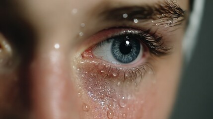 Poster - Close up of a person's eye with water droplets and glitter, showcasing a contemplative mood.