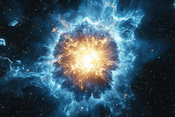 Poster - A vibrant cosmic explosion, showcasing a brilliant core surrounded by swirling nebulae in shades of blue and orange.