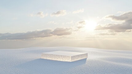 Poster - A minimalist, modern crystal-clear podium on a snowy hill, capturing the tranquility of winter