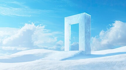 Poster - A minimalist, modern crystal-clear podium on a snowy hill, capturing the tranquility of winter