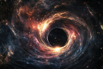 Poster - A mesmerizing cosmic swirl encircling a black hole, radiating fiery energy and stellar dust.