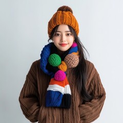 Poster - A woman wearing a colorful scarf and a knit hat