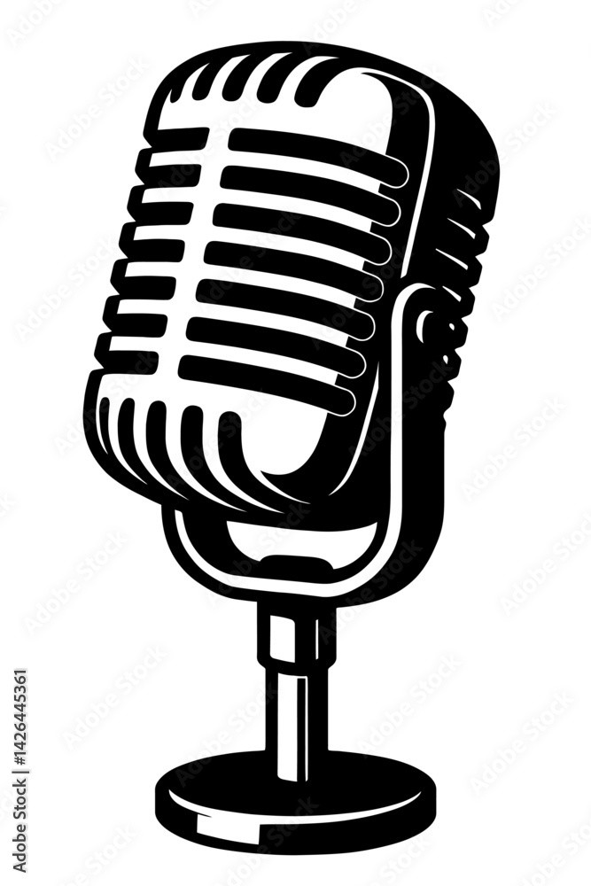 Vector illustration of a classic vintage microphone on a stand in black ...